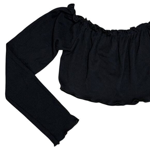 Nasty Gal Long Sleeve Crop Top Black Size Medium (8) Ribbed Ruffle Hem Stretch - Picture 3 of 10